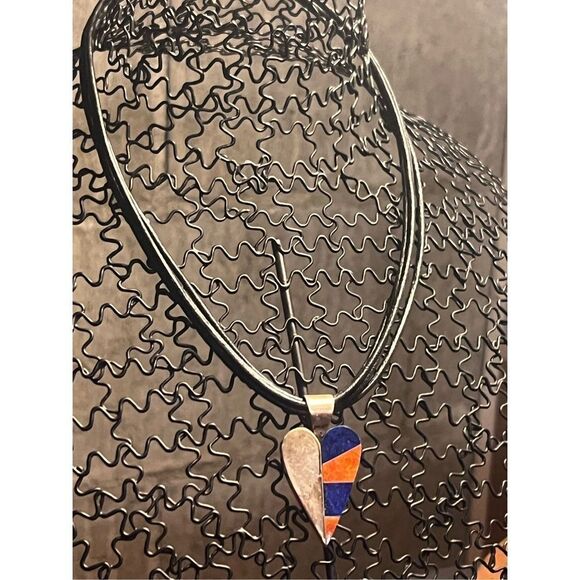 Jay King DTR Lapis Coral Inlay Heart Black Leather 925 Sterling Necklace - Picture 9 of 9